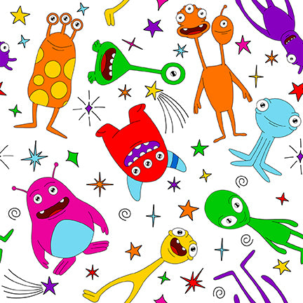 Amazing Aliens Tossed Aliens White Glow the Dark Blank Quilting Cotton Fabric