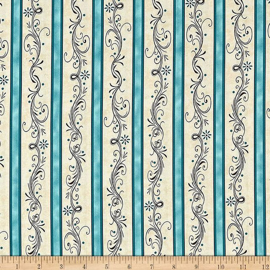 Amazing Grace Decorative Scroll Stripe Teal Blue Quilting Treasures Cotton Fabric