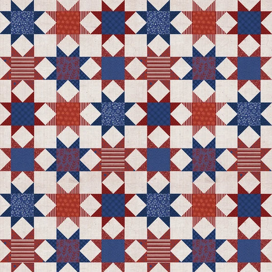 American Patchwork Patriotic Quilt Block Stars Red Blue Ivory Loni Harris Paintbrush Studio Cotton Fabric PBS-120-22203