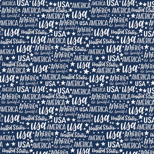 American Patchwork Patriotic USA Words Text Blue White Loni Harris Paintbrush Studio Cotton Fabric PBS-120-22201