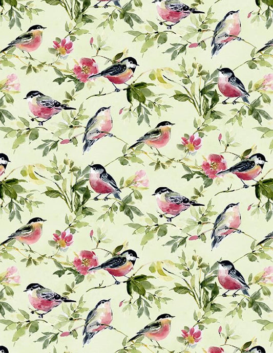 Among The Branches Watercolor Birds Floral Allover Green Susan Winget Wilmington Prints Cotton Fabric