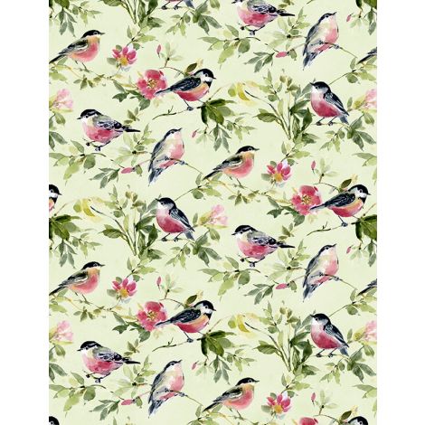 Among the Branches Birds All Over Green Susan Winget Wilmington Prints Fabrics Cotton Fabric