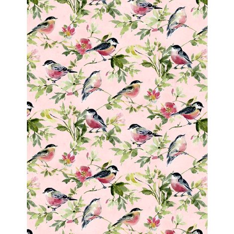 Among the Branches Birds All Over Pink Susan Winget Wilmington Prints Fabrics Cotton Fabric