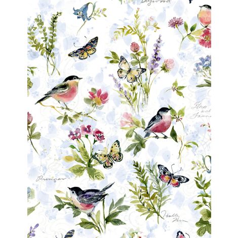 Among the Branches Large Birds and Butterflies All Over White Susan Winget Wilmington Prints Cotton Fabric