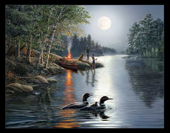 Angler's Moon Panel Lake Fishing Ducks panel 36" Elizabeth's Studio Cotton Fabric