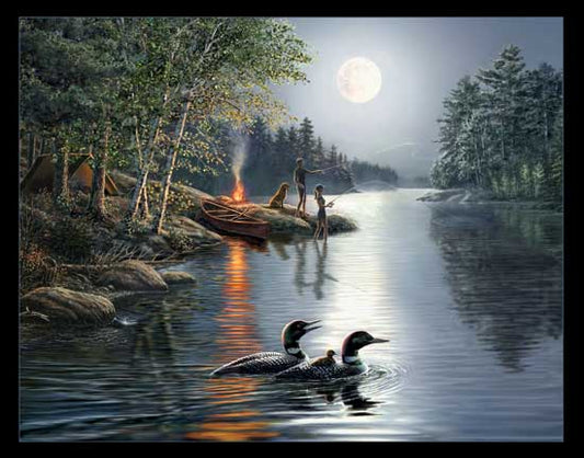 Angler's Moon Panel Lake Fishing Ducks panel 36" Elizabeth's Studio Cotton Fabric