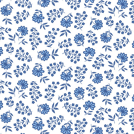 Anthem Floral Petals White Blue Satin Moon Designs Blank Quilting Cotton Fabric