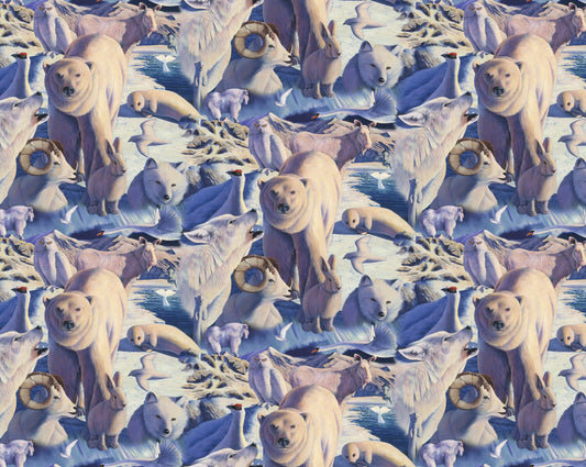 Arctic Mysteries Polar Wildlife Wolf Seal Ram Moose David Textiles Cotton Fabric