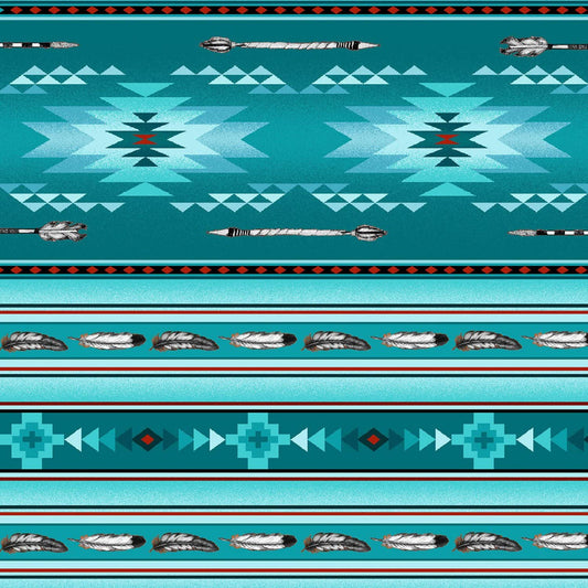 Arrows and Feathers Southwest Blanket Stripe Navaho Native Spirit Turquoise Elizabeth's Studio Cotton Fabric