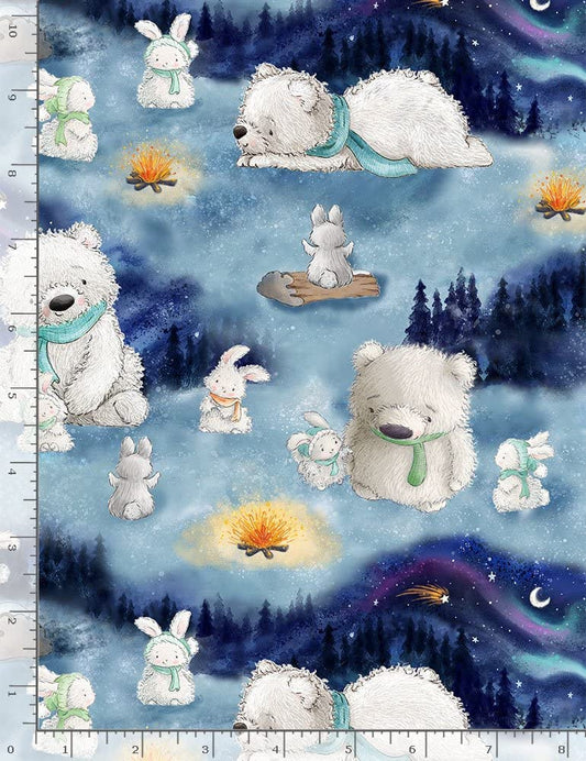 Artic Nights Cute Polar Bears and Bunnies Scenic Blue Night Timeless Treasures Cotton Fabric