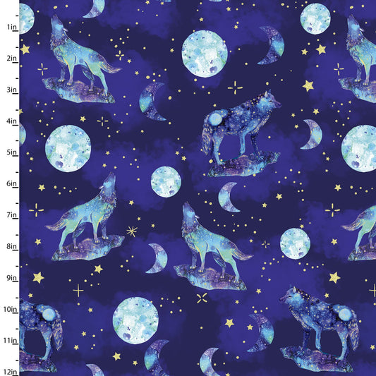 Artic Wonder Wolf Howling at the Moon Navy Metallic Glitter 3 Wishes Cotton Fabric