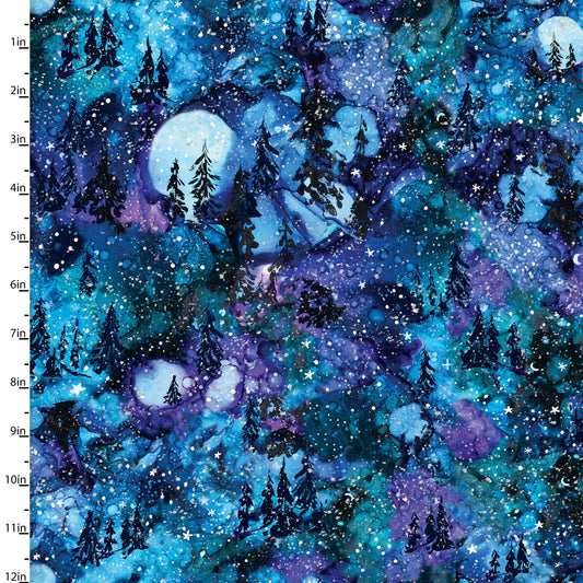 Artic Wonder Scenic Artic Moon Trees Metallic Glitter Blue Arrolynn Weiderhold 3 Wishes Cotton Fabric