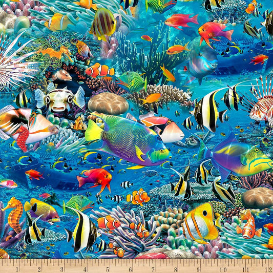 Artworks XVI Digital Under The Sea Blue Quilting Treasures Cotton Fabric