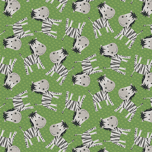 At The Zoo Tossed Zebra Green Nicola Mason Studio E Cotton Fabric