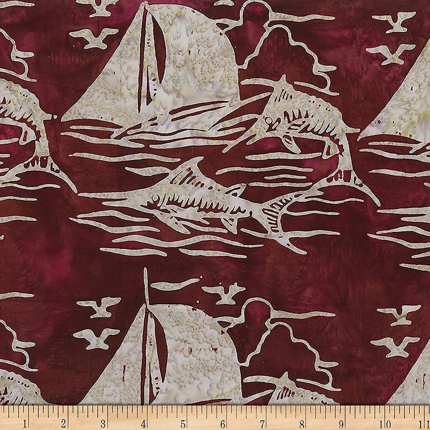 At the Pier Sail boats Fish Burgundy Sand Banyan Batiks Cotton Batik Fabric BB-80373-24