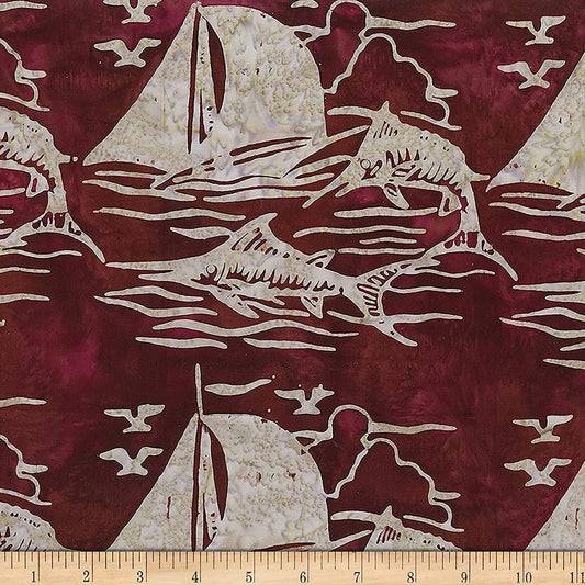 At the Pier Sail boats Fish Burgundy Sand Banyan Batiks Cotton Batik Fabric BB-80373-24