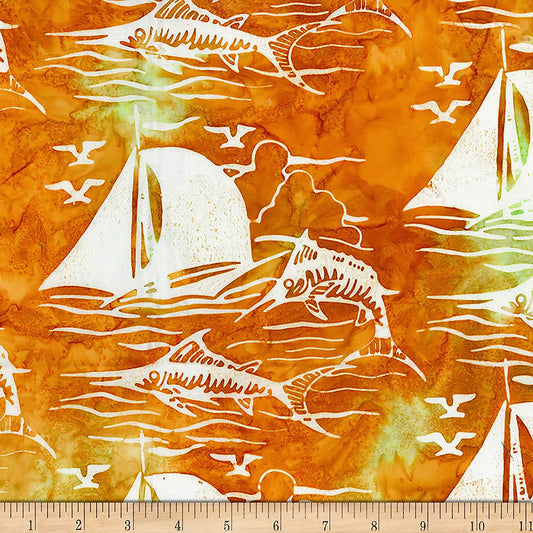 At the Pier Sail boats Fish Pumpkin Gold Banyan Batiks Cotton Batik Fabric BB-80370-58