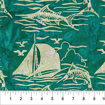 At the Pier Sail boats Fish Teal Green Blue Banyan Batiks Cotton Batik Fabric BB-80370-69