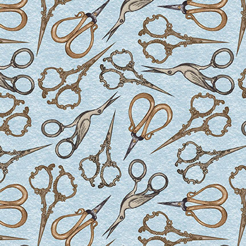 Atelier Tossed Scissors Light Blue Elizabeth Medley Blank Quilting Fabrics Cotton Fabric