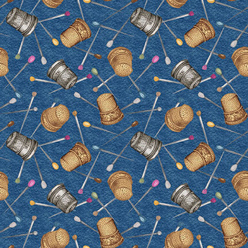 Atelier Tossed Thimbles Pins Dark Blue Elizabeth Medley Blank Quilting Fabrics Cotton Fabric