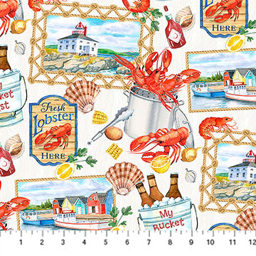 Atlantic Coast Coastal Collage White Multi Deborah Edwards Northcott Cotton Fabric NC-DP28006-10