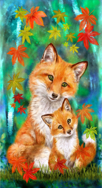 Auburn Fox Mother Fox and Cub Banner Panel 24" Teal Kayomi Harai Studio ECotton Fabric