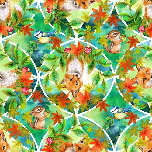 Auburn Fox Patchwork Squirrel Bird Fox Green Kayomi Harai Studio E Cotton Fabric