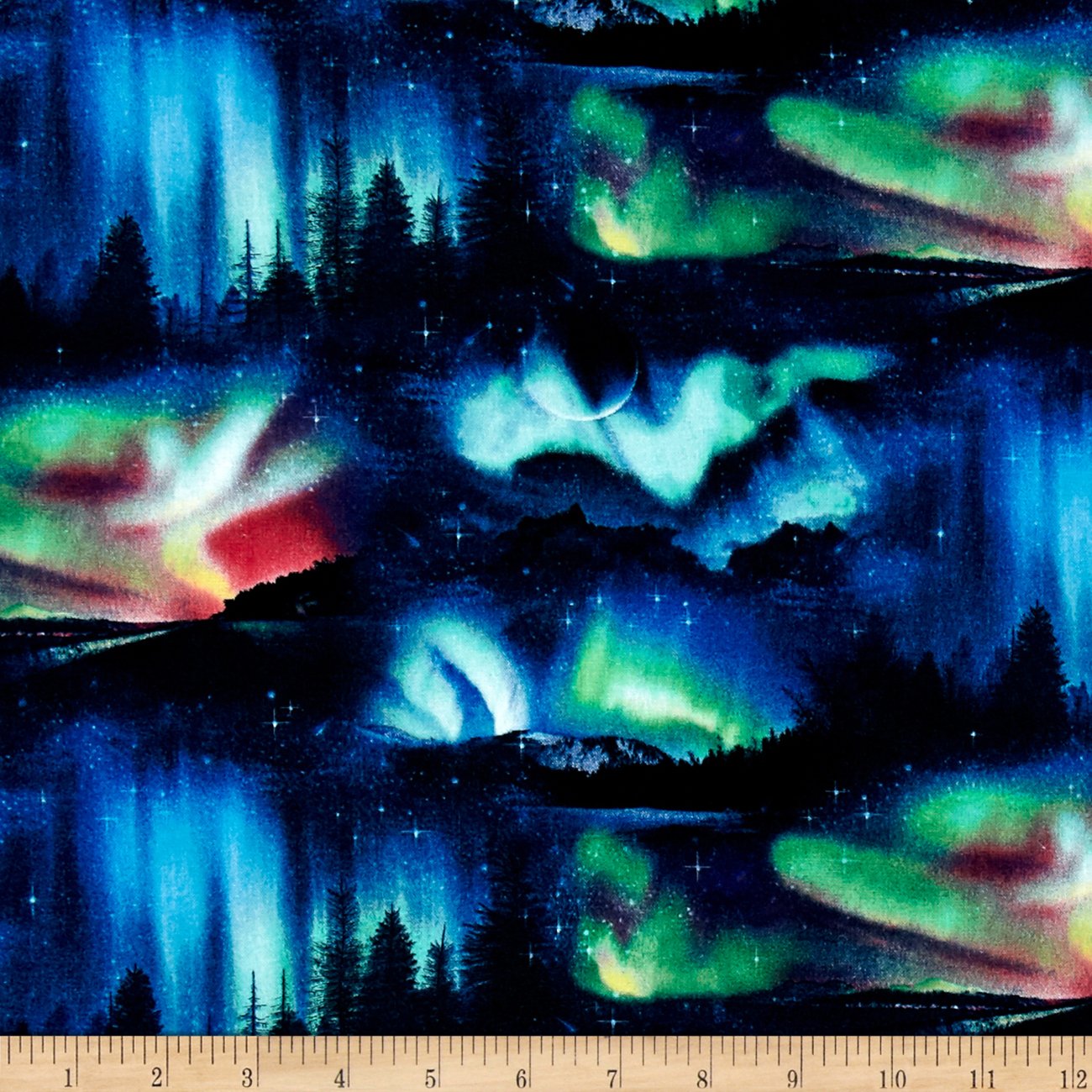 Northern Lights Aurora Borealis Black Landscape Medley Elizabeth's Studio Cotton Fabric