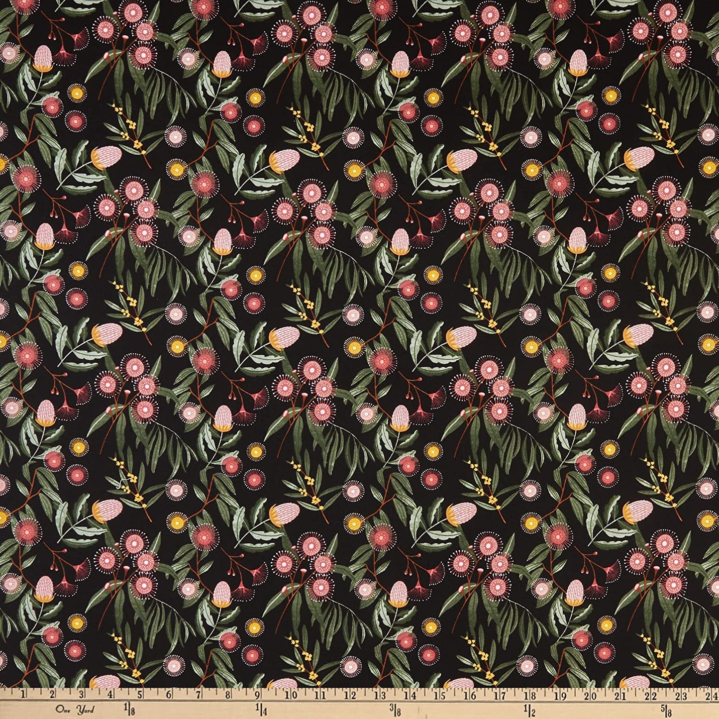 Aussie Friends Eucalyptus and Flowers Black Victoria Barnes Blank Quilting Cotton Fabric