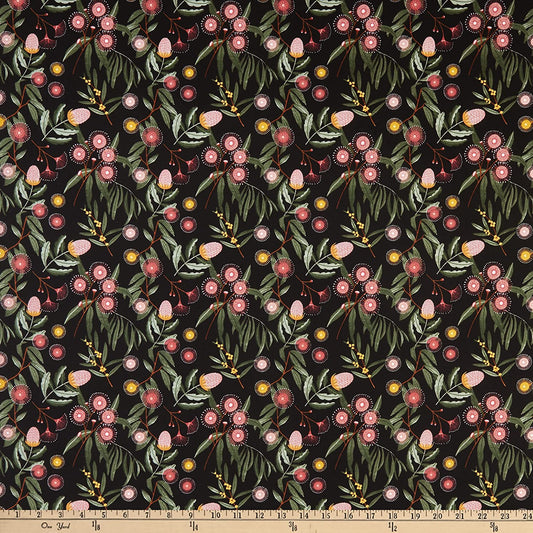 Aussie Friends Eucalyptus and Flowers Black Victoria Barnes Blank Quilting Cotton Fabric