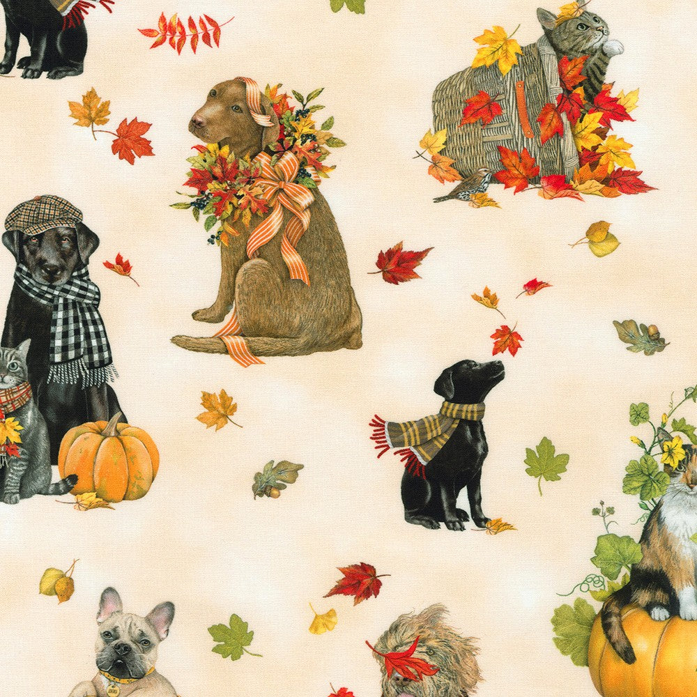 Autumn Cats & Dogs Cream Mary Lake Thompson Robert Kaufman Cotton Fabric