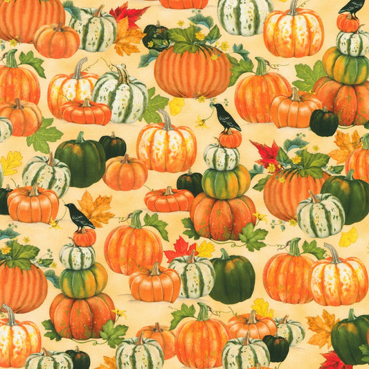 Autumn Cats & Dogs Pumpkins and Crows Vanilla Cream Mary Lake-Thompson Robert Kaufman Cotton Fabric