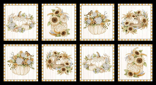 Autumn Elegance Continuous Blocks Panel 24” Cream Metallic Kitten Studio Henry Glass Cotton Fabric