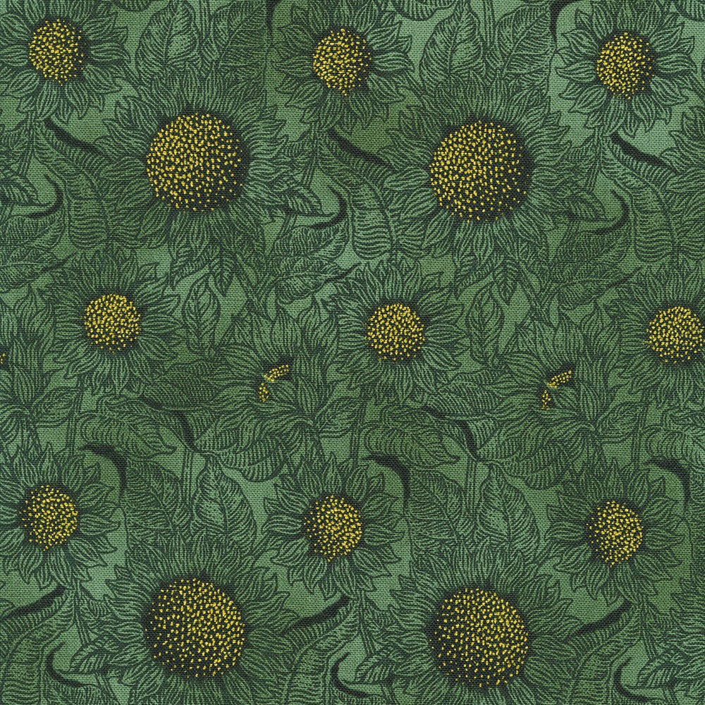 Autumn Fields Sunflower Stamp Oregano Green Robert Kaufman Cotton Fabric