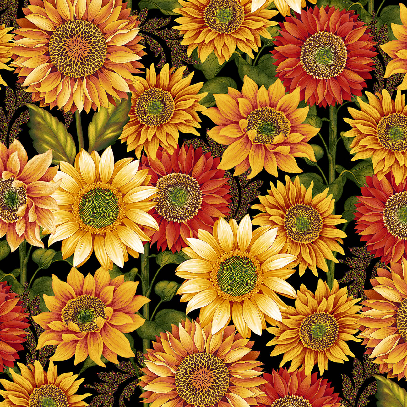 Autumn Flourish Large Sunflowers Black Art Loft Studio E Cotton Fabric