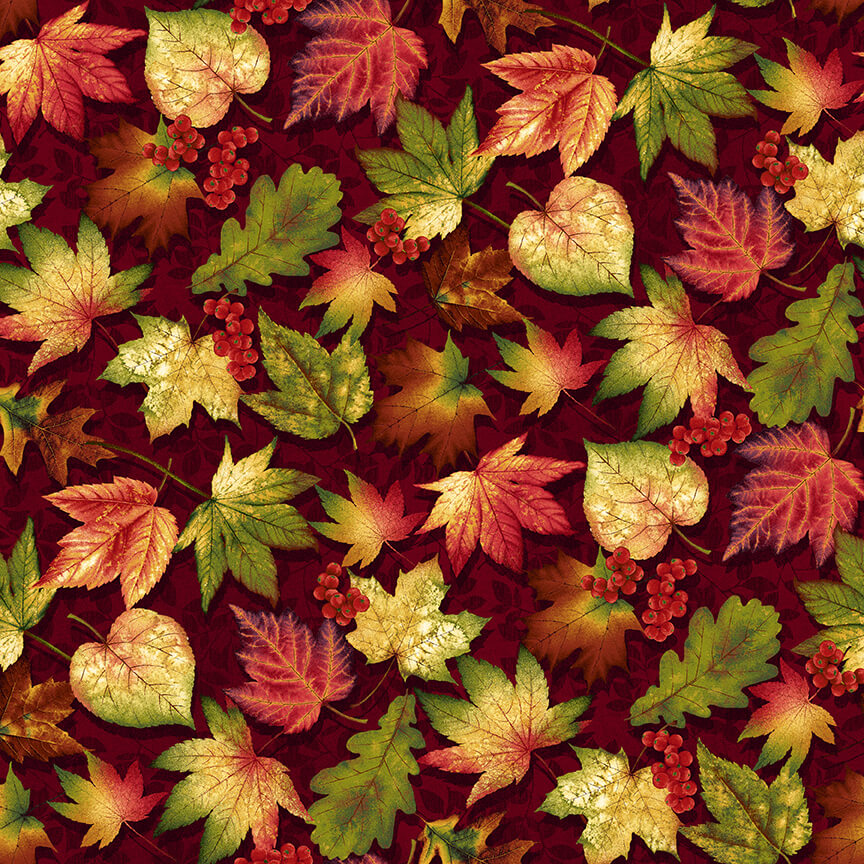 Autumn Flourish Maple Poplar Oak Leaves Burgundy Art Loft Studio E Cotton Fabric