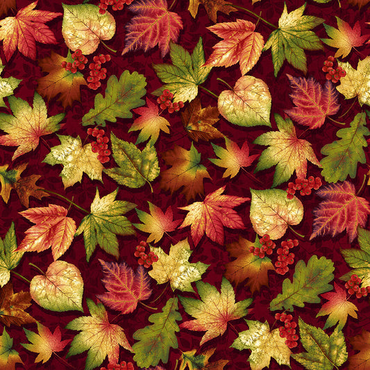 Autumn Flourish Maple Poplar Oak Leaves Burgundy Art Loft Studio E Cotton Fabric