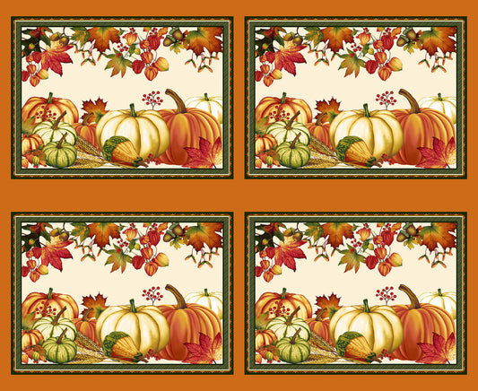 Autumn Flourish Placemat Panel 36" Pumpkin Maple Leaves Art Loft Studio E Cotton Fabric