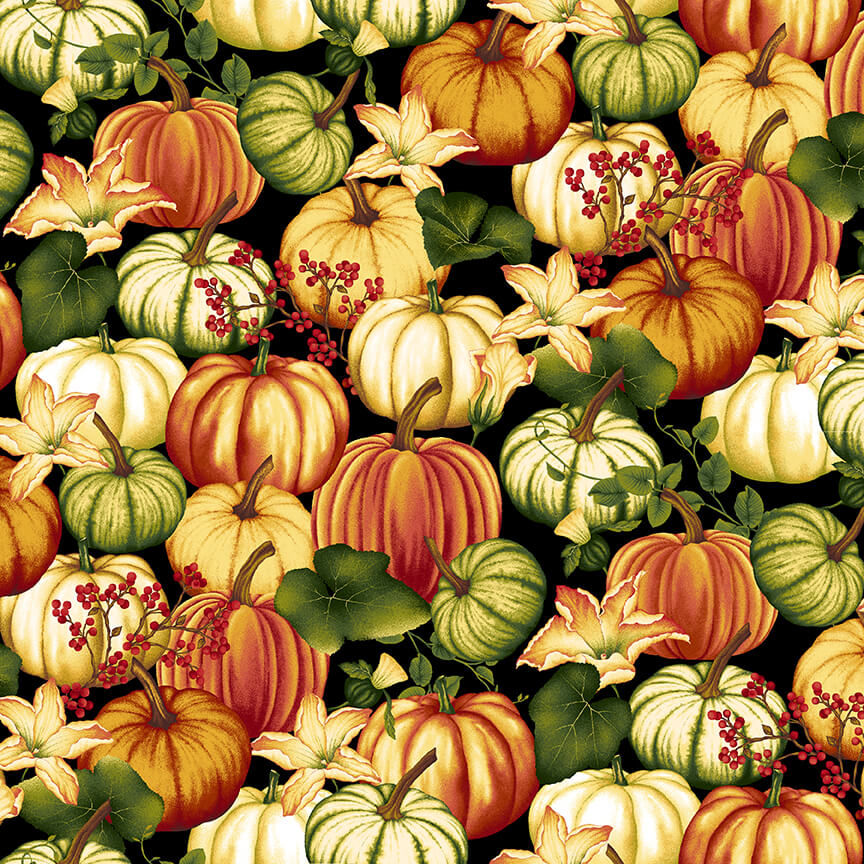 Autumn Flourish Pumpkins Black Art Loft Studio E Cotton Fabric