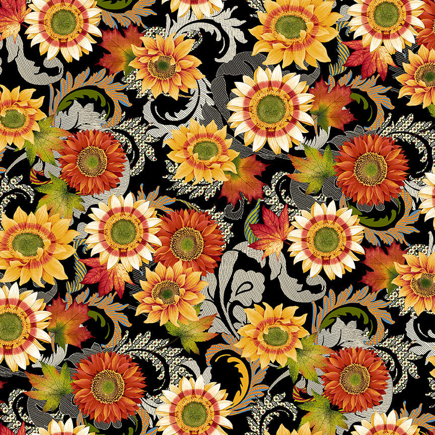 Autumn Flourish Sunflower Flourish Black Art Loft Studio E Cotton Fabric