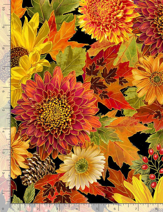 Autumn Leaves Harvest Bouquet Metallic Black Timeless Treasures Cotton Fabric