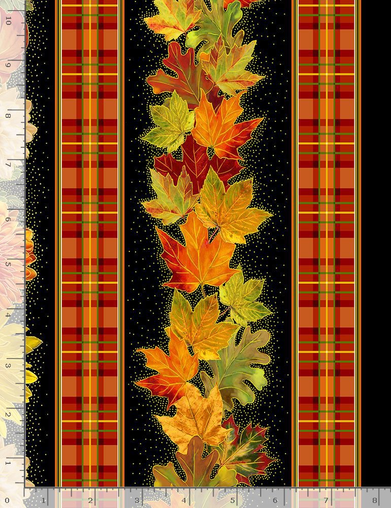 Autumn Leaves Harvest Mums Leaves Metallic 11 inch stripe Black Timeless TreasuresCotton Fabric