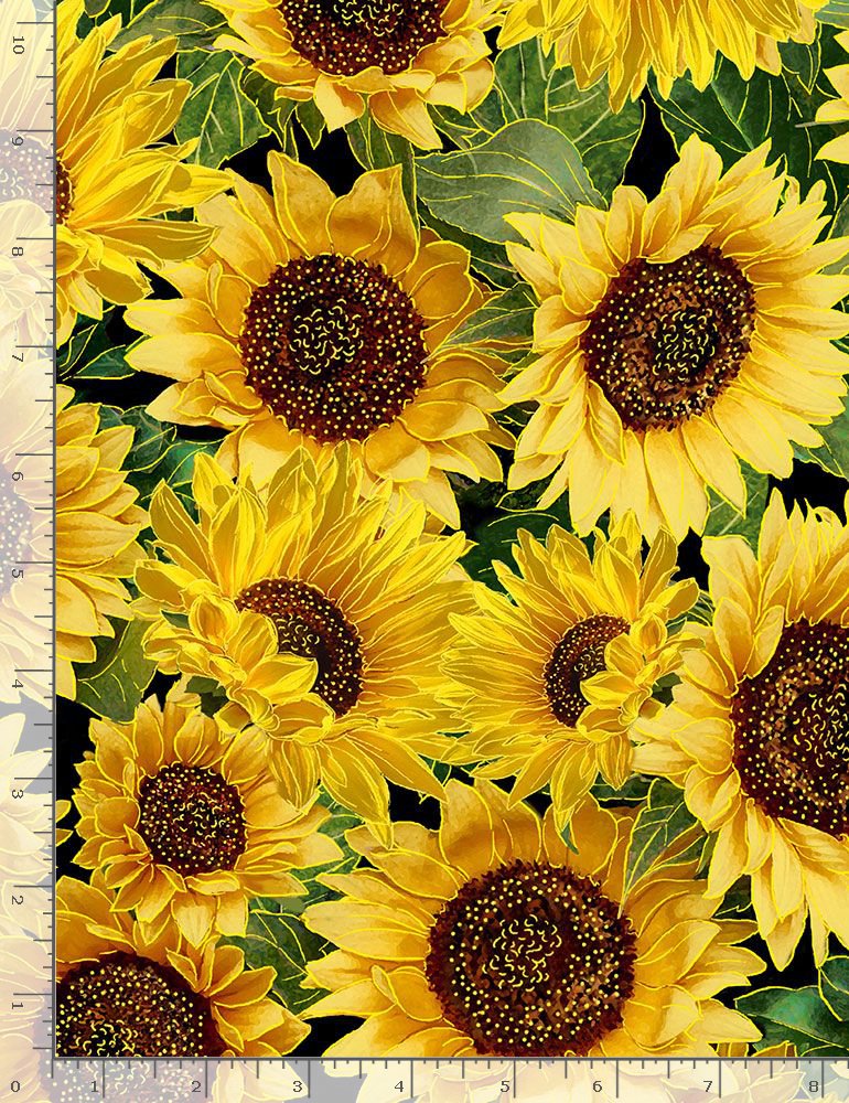 Autumn Leaves Sunflowers Metallic Packed Yellow Timeless Treasures Cotton Fabric