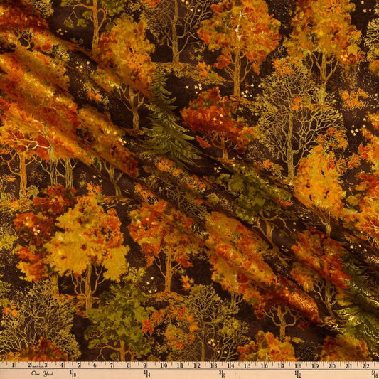 Autumn Palette Fall Trees Metallic Brown Timeless Treasures Cotton Fabric