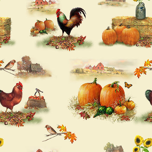 Autumn Splendor Scenic Pumpkins Chicken Leaves Cream Robert Giordano Henry Glass Cotton Fabric