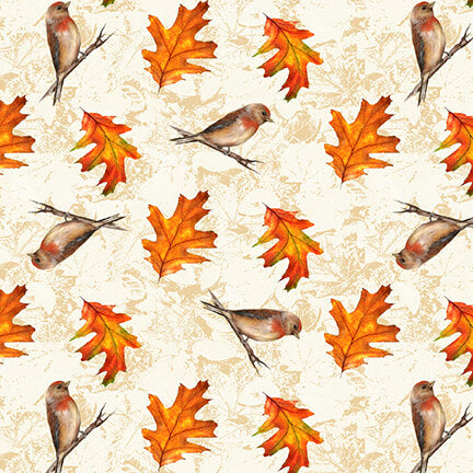 Autumn Splendor Tossed Leaves and Birds Cream Robert Giordano Henry Glass Cotton Fabric