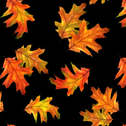 Autumn Splendor Tossed Leaves Black Robert Giordano Henry Glass Cotton Fabric