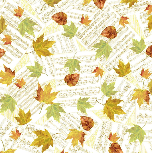 Autumn Symphony Falling Autumn Leaves on Music Notes Met Gold Cream Timeless Treasures Cotton Fabric