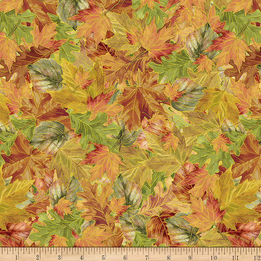 Autumn Symphony Packed Autumn Leaves Metallic Multi Timeless Treasures Cotton Fabric