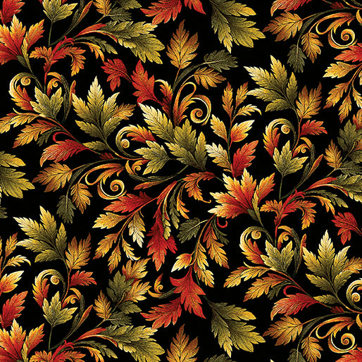 Autumn Cats Autumn Leaf Spray Black and Spice Peggy Collins Benartex Cotton Fabric BE-16769-87